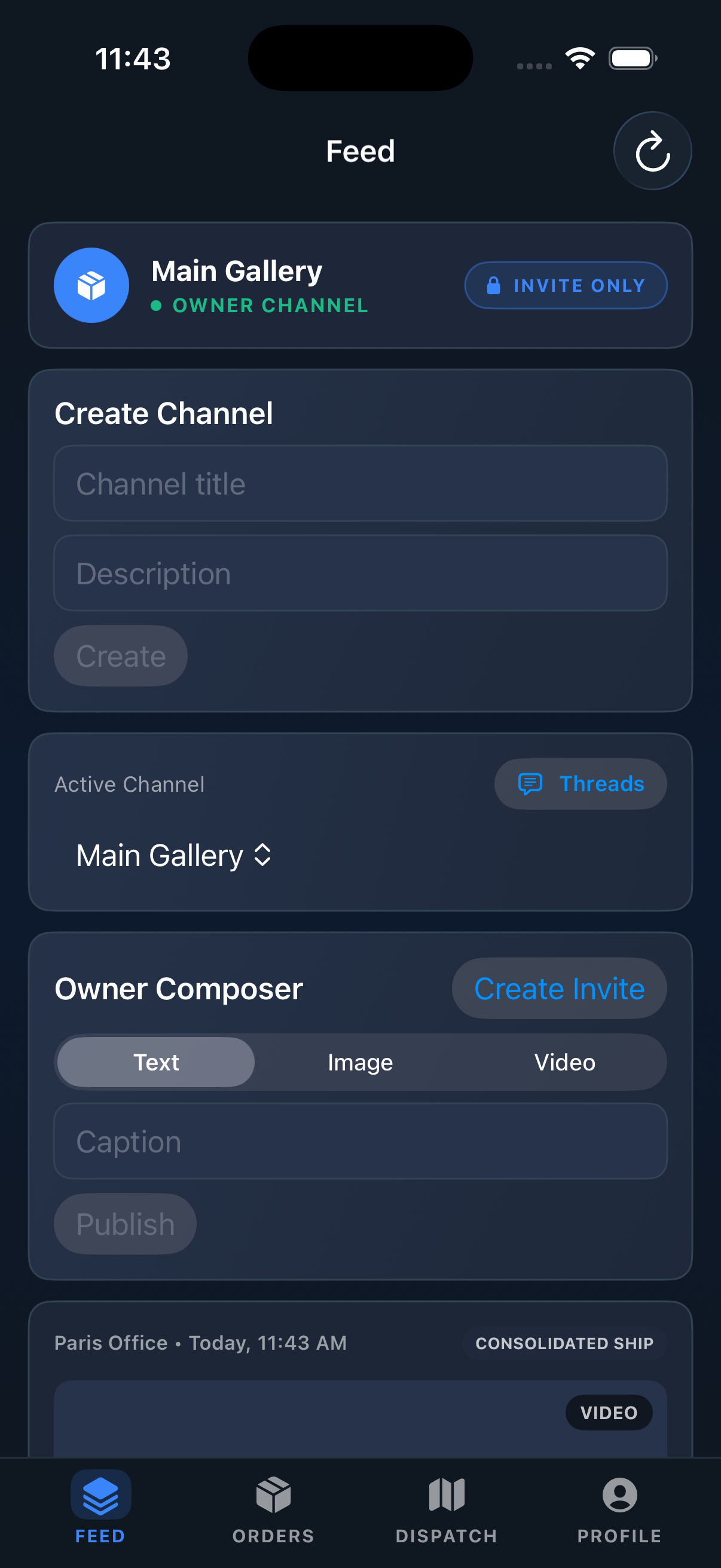 BOPPERATION Feed — Owner channel view with composer, threads, and posts